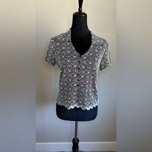 Vtg Dressbarn Women's Y2K Metallic Silver Floral Lace Sheer Collared Top Size L